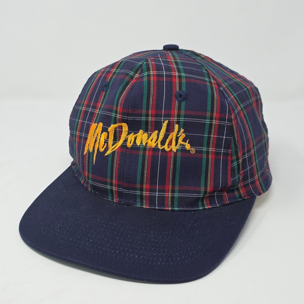 Vintage McDonalds Plaid Snapback Hat Navy Blue Red Green KC Caps Retro Logo Cap